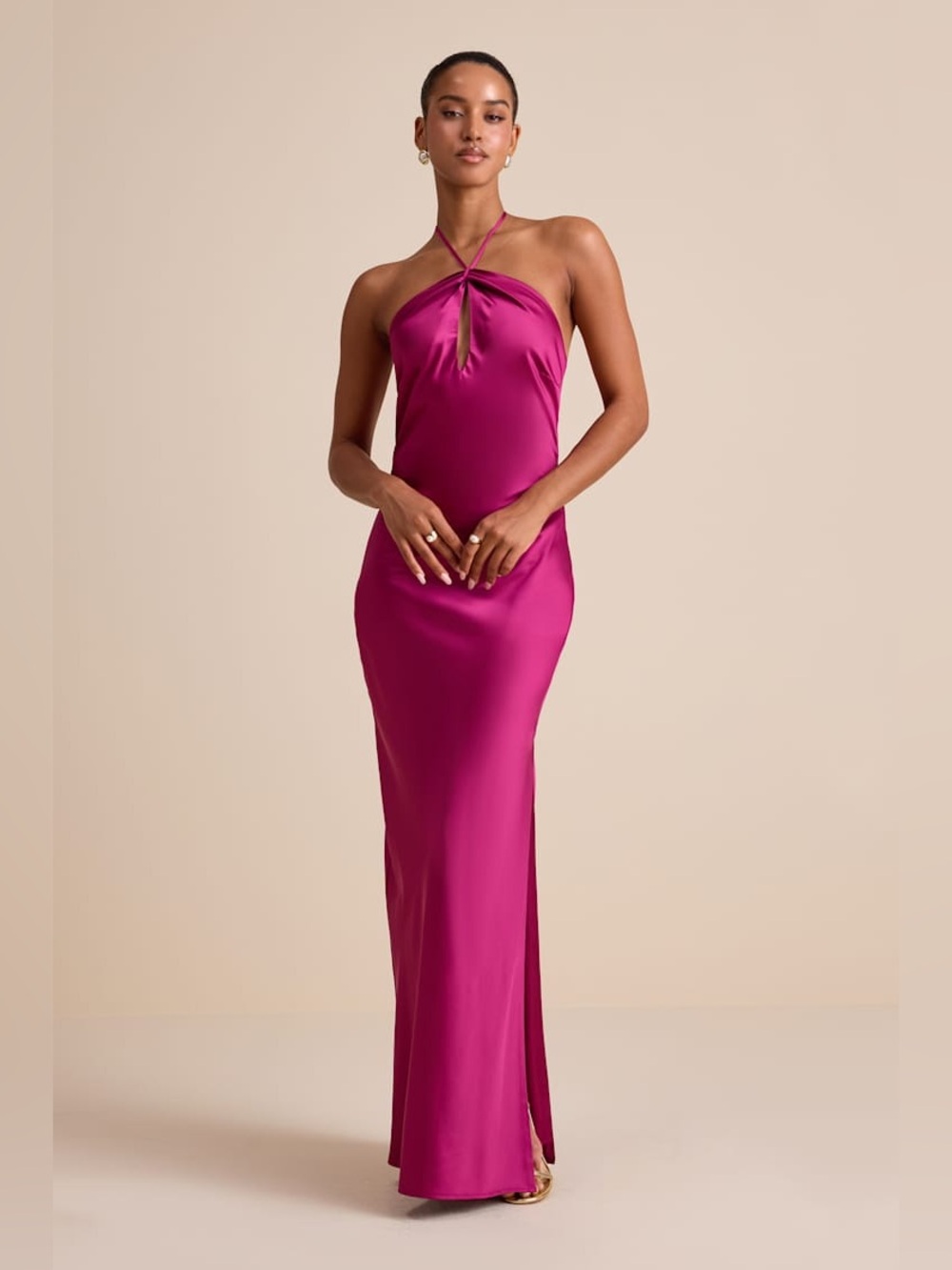 Lulus Gracie Magenta Satin Halter Neck Maxi Dress size Small